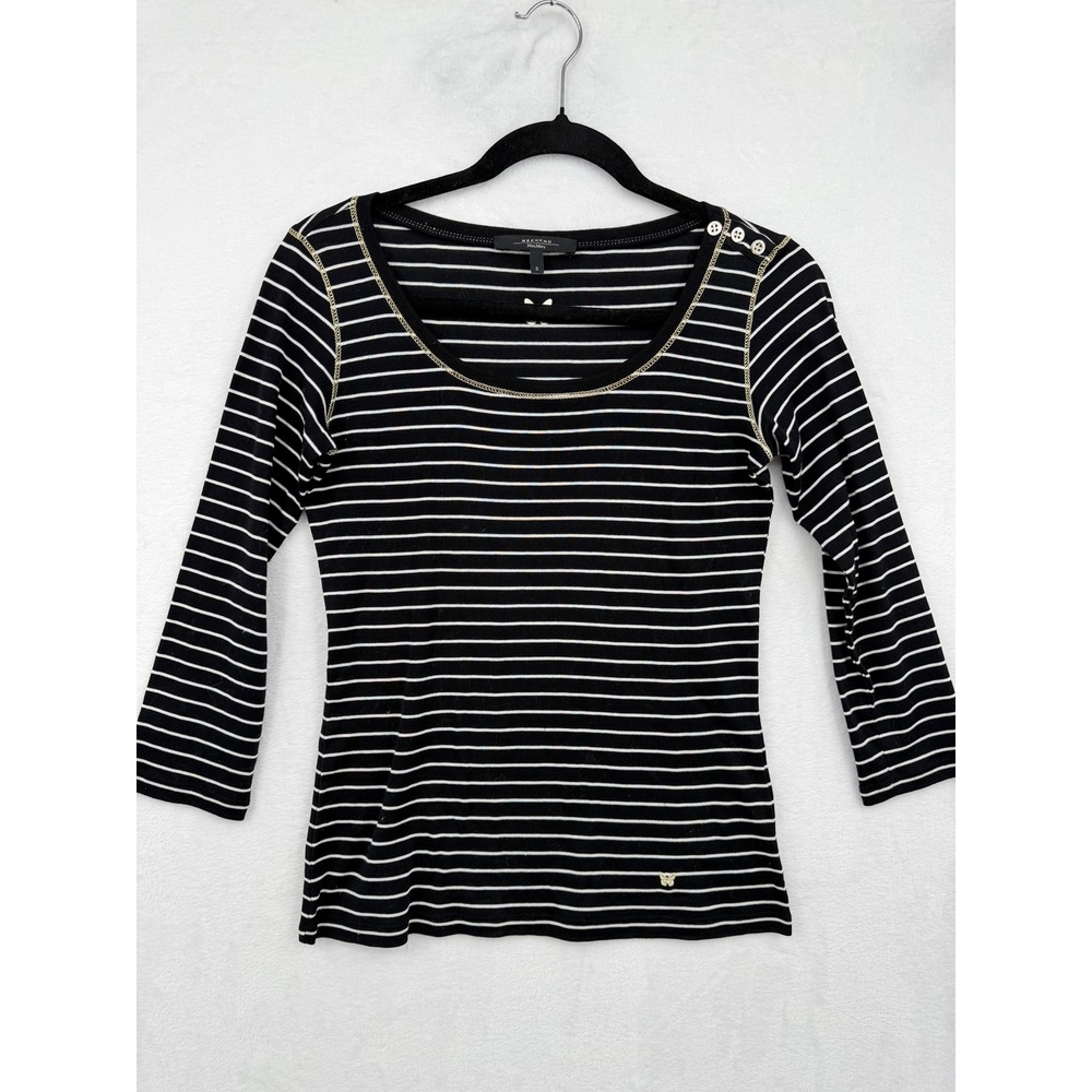 Weekend Max Mara Black White Striped Cotton Top Gold Trim S Y2K Chic Parisian